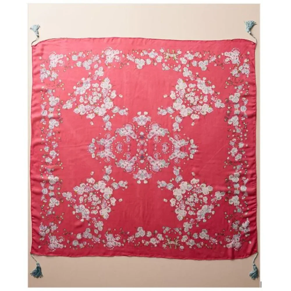 Anthropologie Everly Floral Scarf in Pink Motif with tassel ends - NWOT